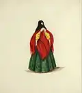 A watercolor painting of a tapada limeña dressed in a traditional outfit, wearing a black veil that conceals most of her face, a bright red shawl over a yellow blouse, and a long green skirt.