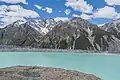 The Nuns Veil left of center. The Acolyte to the right. Tasman Lake in foreground.