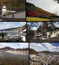 Top left:Tatsuno Castle, Top right:Tatsuno Park, Middle left:Port of Murotsu, Middle right:iinonimasu Amaterasu Shrine, Bottom left:Ibo River, Bottom right:Panorama view of downtown Tatsuno