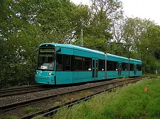 A blue Flexity Classic tram in Frankfurt