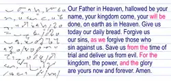 The text of the English Language Liturgical Consultation version of the Lord's Prayer, written in Teeline Shorthand and in Latin script for comparison