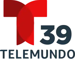 The Telemundo network logo, a T with two circular overlapping components. To the right and under the T, the number 39. Beneath it, in a sans serif, the word Telemundo.