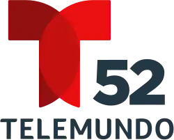 The Telemundo network logo, a T with two circular overlapping components. To the right and under the T, the number 52. Beneath it, in a sans serif, the word Telemundo.