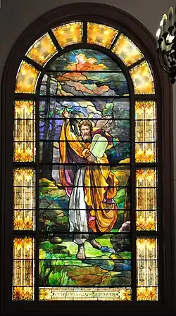 Stained glass of "Moses with the Tablets", a surviving piece of the old Temple De Hirsch, landmarked but nonetheless demolished.