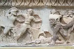 Detail of the east frieze showing Memnon and Achilles fighting over the body of Antilochus