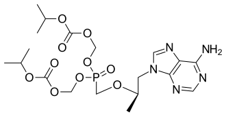 alt=Above: molecular structure of tenofovir disoproxil Below: 3D representation of a tenofovir disoproxil molecule