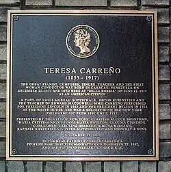 Plaque commemorating Teresa Carreño at the place of her death. New York City