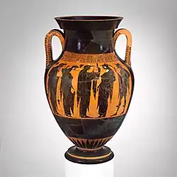 Leto on an ancient vase between Apollo and Hermes