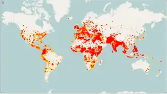 Terrorist incidents, 1970–2015. A total of 157,520 incidents are plotted. Orange: 1970–1999, Red: 2000–2015