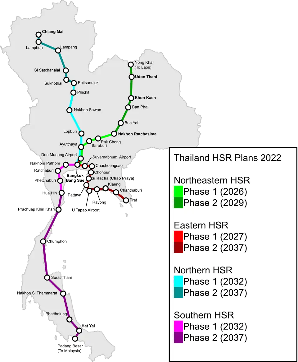Color-coded rail map of Thailand