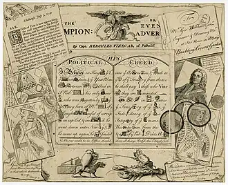 Engraving advertising the newspaper Champion; or, Evening Advertiser by “Captain Hercules Vinegar” of Pall Mall, 1740.