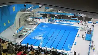 Interior view of the diving well with platforms and springboards
