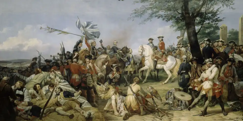 The Battle of Fontenoy, 11 May 1745, showing Maurice de Saxe presenting the captured British and Dutch prisoners and colours to Louis XV and the Dauphin