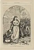 Political cartoon by Thomas Nast depicting a Chinese immigrant under attack by Southern Democrats (ex CSA) and Northern Democrats (Irish)