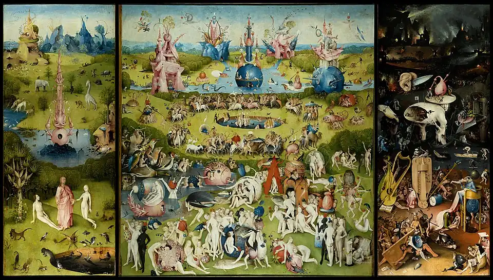 The Garden of Earthly Delights; by Hieronymus Bosch; c. 1504; oil on panel; 2.2 x 1.95 m; Museo del Prado (Madrid, Spain)[160]