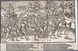 Plate 5. The English soldiers return in triumph, carrying severed Irish heads (the one on the right said to be Maighréad Maol O'Byrne, wife of Rory Óg O'More) and leading a captive by a halter.