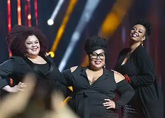 LaMotte, Haynes and Yonas Manna at a Melodifestivalen press conference in 2020.