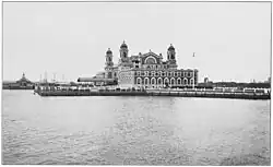 A large building sits on an island