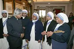 Indian president A.P.J. Abdul Kalam meeting with sisters from the Mother Teresa Mission of Charity at Athens on 27 April 2007. These sisters are engaged in running old age homes in Greece.