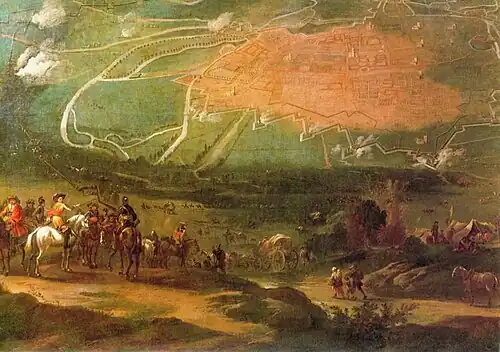 Painting of the battle in the lower half with, above, a map of Oxford showing the general positions of the besieging troops