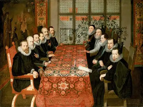 Treaty of London - the English delegation is on the right with Mountjoy (hand clasped) in the middle.