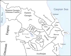 The South Caucasus in the last quarter of the 18th century. The Shirvan Khanate is located on the far right