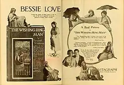 Vintage collage of black-and-white stills showing Bessie Love in multiple film scenes, including one pose seated atop book that inspired the story