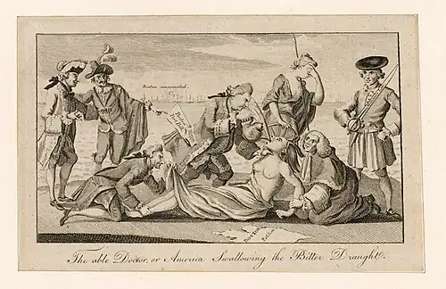 A Patriot cartoon depicting the Coercive Acts as the forcing of tea on a Native American woman (a symbol of the American colonies), who is lying down, was copied and distributed in the Thirteen Colonies. Others watch and a man, believed to be Lord Sandwich, pins down her feet and peers up her skirt. The caption of the cartoon itself is "The able Doctor or America swallowing the Bitter Draught."