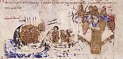 Ships laden with troops are being shot with arrows from walls of a city