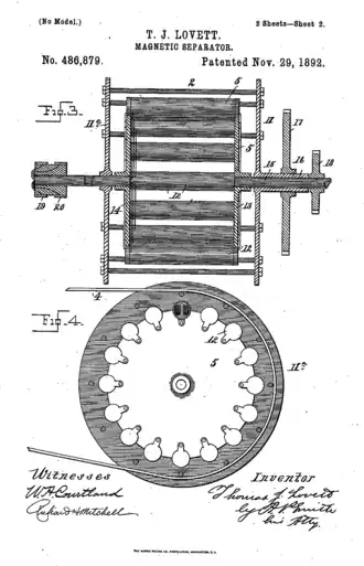 The patent for the T. J. Lovett Magnetic Separator, 1892