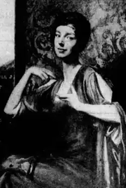 A painted portrait of a young white woman with dark hair, seated
