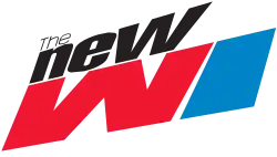 A very small and thin "The" next to a thick, black, angled "new" in a condensed sans serif above angled, bold letters W and I, the W in red and the I in blue