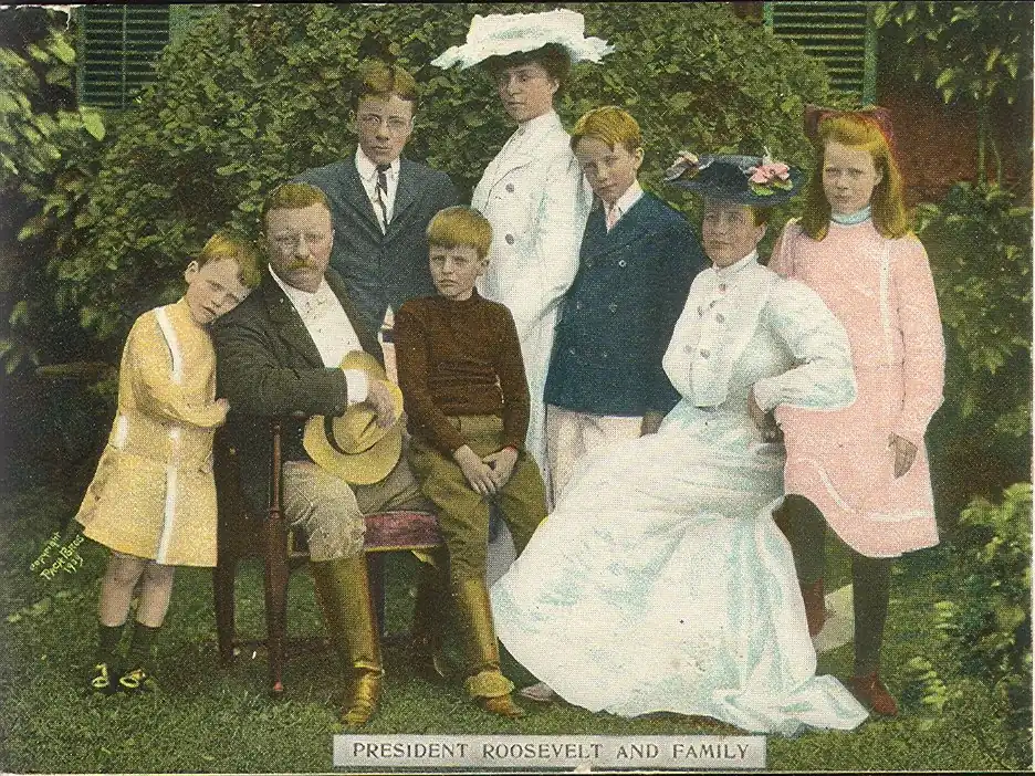 1903 Pach Brothers colorized photo of President Theodore Roosevelt and his family with copyright notice on the left side
