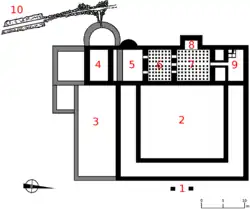 Black and white drawing representing the plan of ancient baths.
