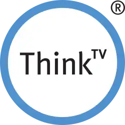 A white circle with a thick sky blue outline. Inside the circle are the words "Think TV", with the TV stylized in superscript. A registered trademark symbol exists outside the circle in the upper right corner.