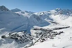 Tignes Le Lac taken from the Aiguille Pierce mountain, with views of Val Claret in the background