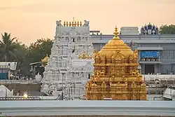 A view of the Maha Dvaram and the Ananda Nilayam Garbha Griha of the Sri Venkateshvara Swami Vaari Temple