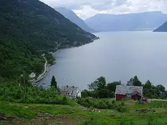View from Tjoflot toward Kinsarvik and Lofthus in Hardanger Fjord. In the foreground the fjord splits into the Sørfjorden and Eid Fjord.
