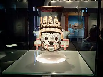 Tlāloc effigy vessel (Aztec); c. 1440–1469; painted earthenware; height: 35&nbsp;cm; Templo Mayor Museum[74]