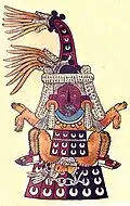 Page 13 of the Codex Borbonicus with Tlazōlteōtl, who is portrayed wearing a flayed skin, giving birth to Cinteotl