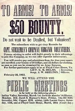 "To Arms! To Arms!" Recruitment poster for Confederate States of America. Floyd County, Virginia, 1862.