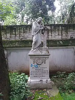 Elizabeth David with the statue of Madonna on the tomb