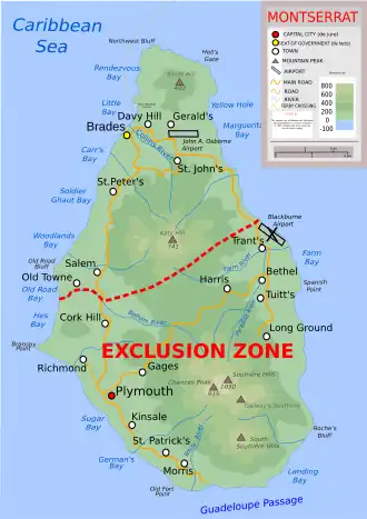 Topographic map of Montserrat showing the "exclusion zone" due to volcanic activity, and the new airport in the north. The roads and settlements in the exclusion zone have mostly been conquered by natural forces.