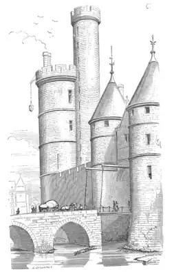 The Tour de Nesle in the medieval period as imagined by Viollet-le-Duc. View to the northwest and Seine river. The Porte de Nesle is the gate at center-right.