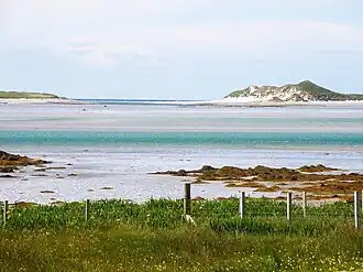 Towards Kirkibost Island Looking out across the sea towards the sand dunes at the southern end of Kirkibost Island