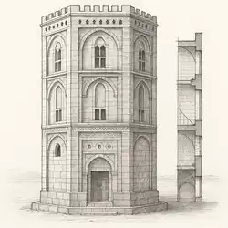 Sketch showing a tall, six-sided tower with pointed Persian arches and windows.