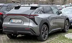 Rear view of 2023 Toyota bZ4X AWD (YEAM15, Europe)