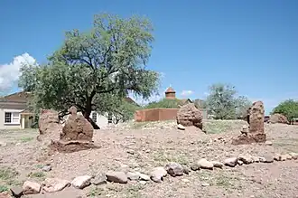 Adobe Ruins of Tubac Presidio. Above-ground ruins date from the early 1900s while below-ground foundations are from the mid- to late 1700s