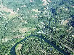 An aerial image of Trail and the Rogue River