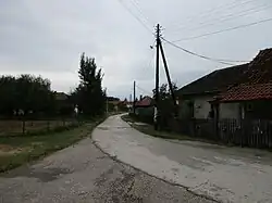 The image shows a part of Trbunje. You see a concrete road. On the left side of the road, you see a barbed-fence behind which stand three trees. You can see the top of a red roof in the distance behind the trees. On the right side of the road, there is an electricity pole and a wooden fence. Behind the wooden fence, you see two houses right next to each other. One with gray outer-walls and black slanting roof. The roof must have been red at some point. There are two windows on the outer-wall. The second house has a slanting red roof that goes past the doorway, creating a makeshift porch-area. You can see more houses and trees towards the end of the road. This whole scenery is set against the backdrop of a cloudy sky.